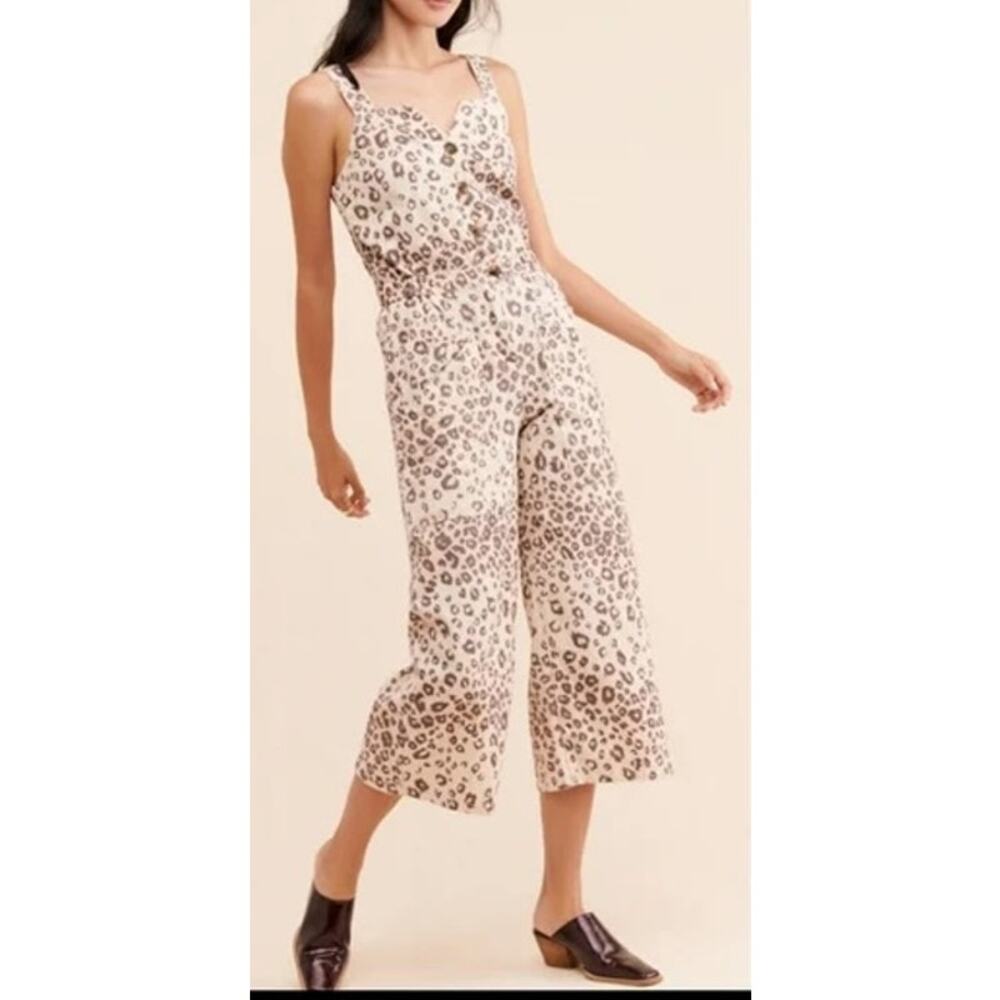Anthropologie Current Air Sweetheart Neckline Piper Utility Jumpsuit Leopard Tan